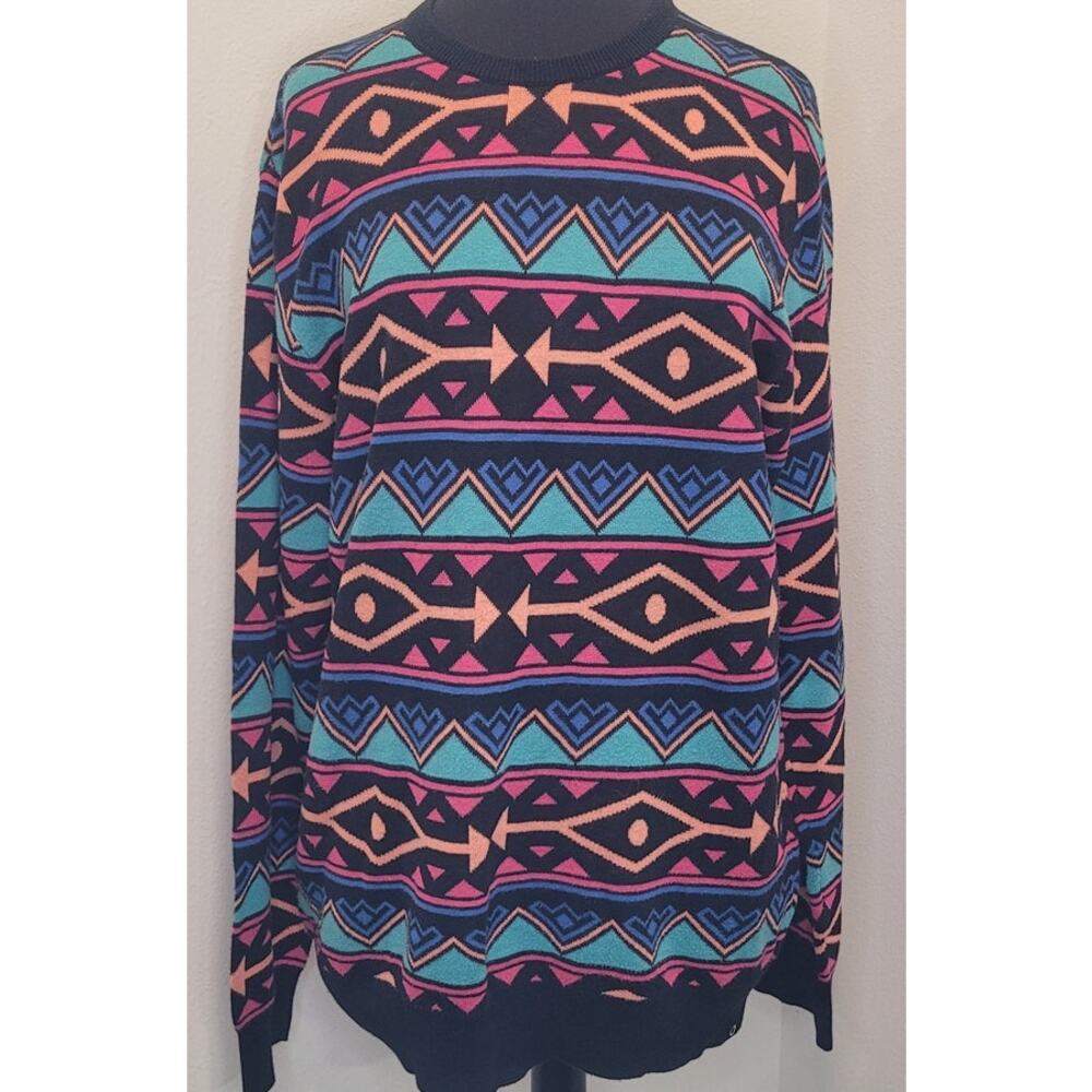 Empyre Mens 80s Retro Black Aztec Print Sweater L Orange Pink Teal Red Holes